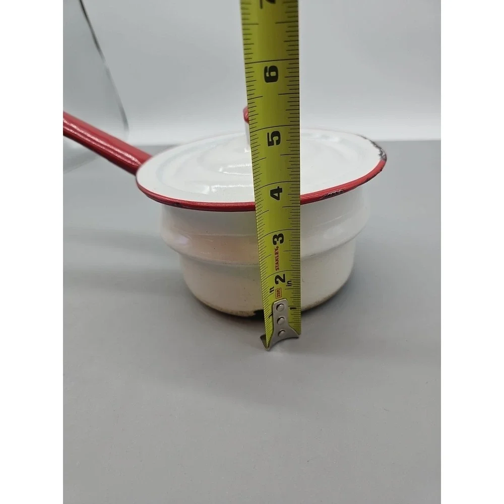 Collectible Vintage Enamelware Saucepan Pot White with Red‎ Trim Handle Lid